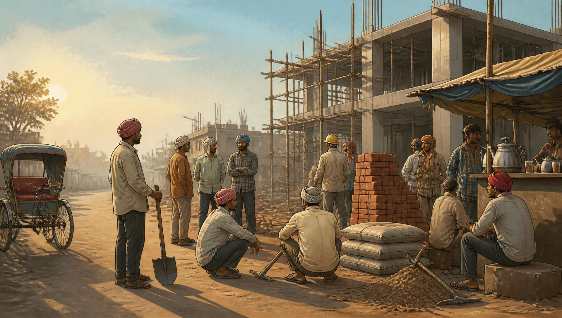 Illustration of workers waiting at a labour chowk on a dusty morning, with bricks, tools, bamboo scaffolding and a tea stall